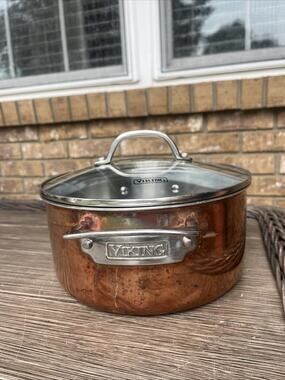 Viking Pro-Grade 4 Qt 3-Ply Copper Clad Stock Pot Stainless Interior + Glass Lid